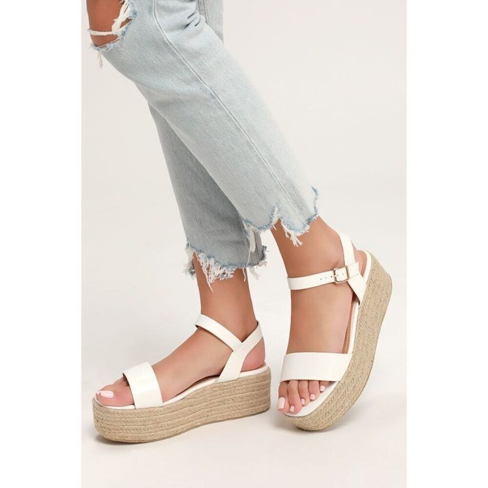 Lulus Corsa White Espadrille Flatform Sandals - Size 10